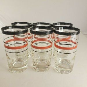 Vintage Black Red Striped MCM Glass Tumblers Bar Ware Cocktail